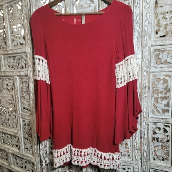 Entro Womens Burgundy Bohemian Long Bell Sleeve Dress with Crochet Accent Detail - Picture 1 of 16